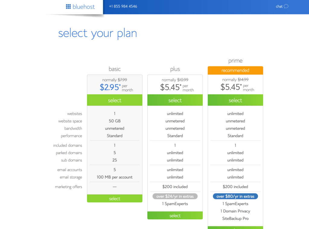 Select your plan at bluehost